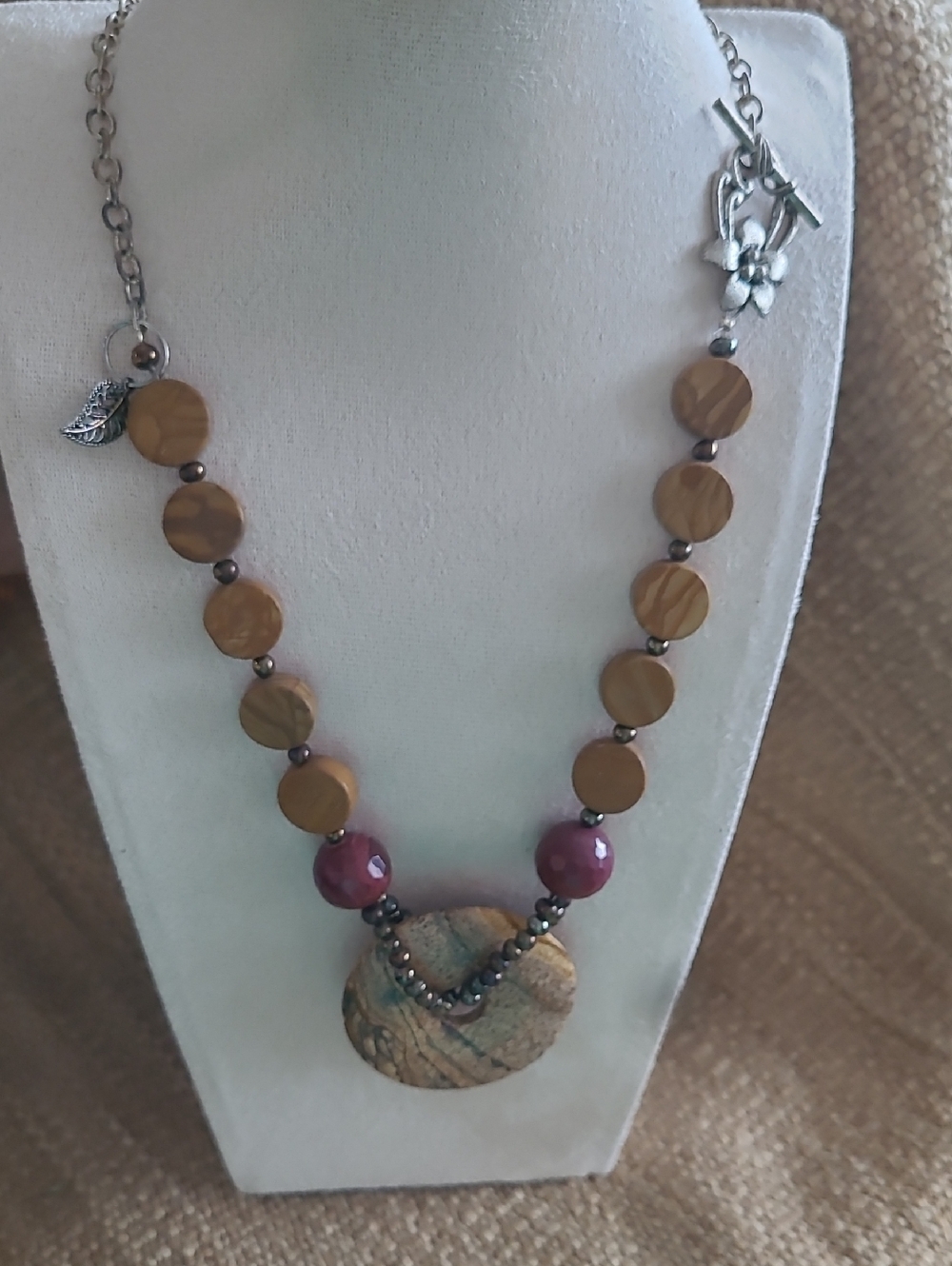 Handmade Picture Jasper, Mookite & Wood Lace Necklace with Silvertone Chain